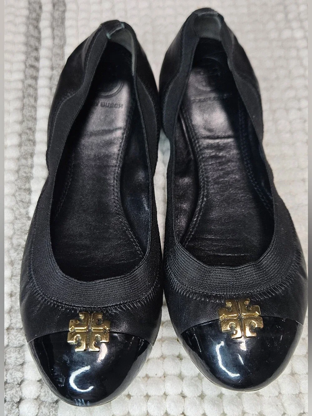 Tory Burch Ballet Flats Size-8 Black Gold Leather Jolie Stretch Shoes.